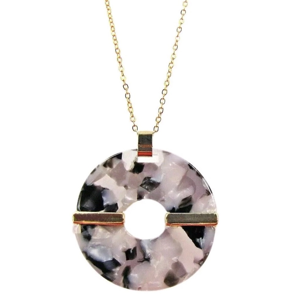 Large round black and white multi color disk pendant neckace with gold bars
